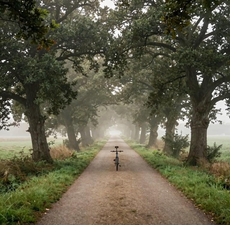 A quiet, empty winding cycling path cutting through the lush green bocage of Avesnois, soft morning mist rising from the wet grass, tall oak trees framing the path, atmospheric travel photography style.