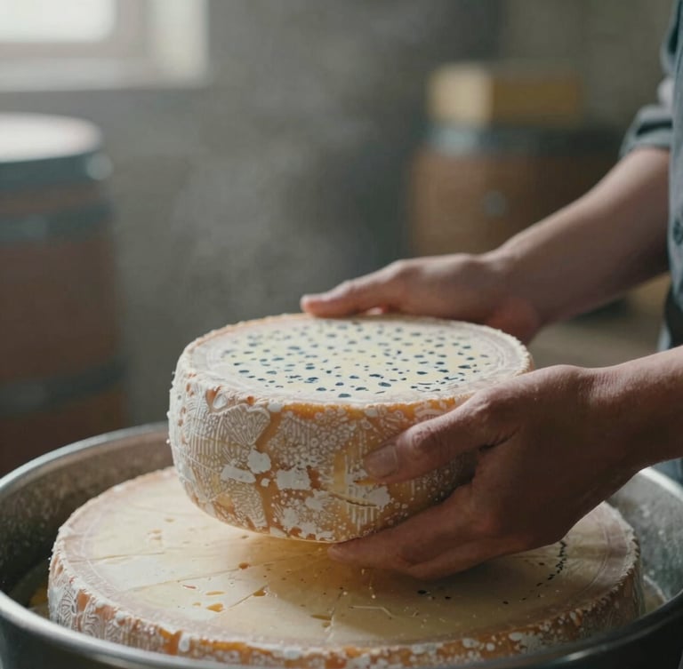 Intimate close-up of artisan hands holding a wheel of Maroilles cheese in a rustic cellar, soft side lighting, 35mm film style