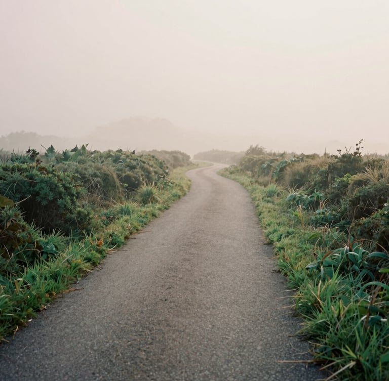 An empty winding cycling path cutting through green hedgerows in the morning mist, soft overcast daylight, cinematic depth of field, 35mm film style