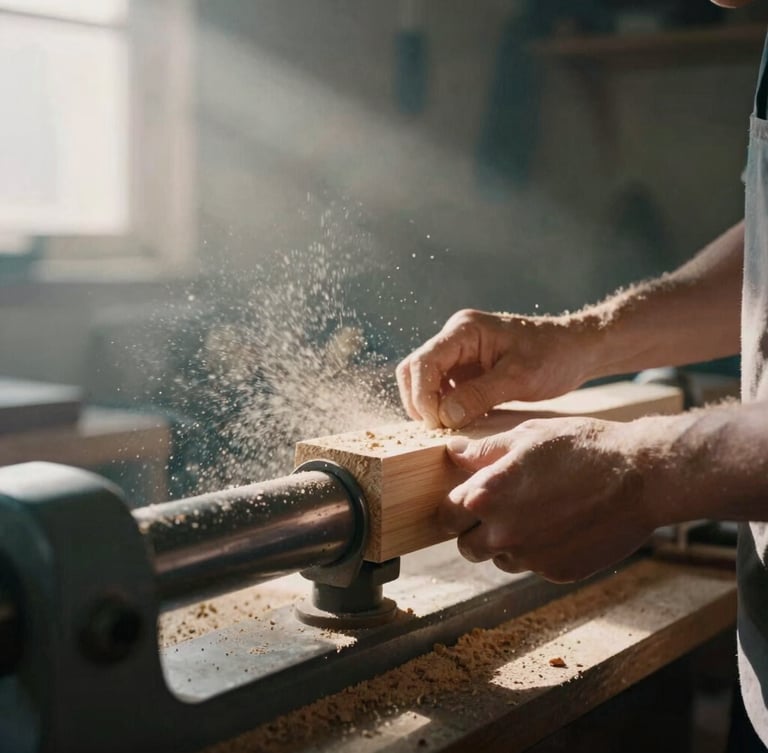 Close-up of hands shaping raw wood on a traditional lathe, sawdust flying in a soft sunbeam, warm moody workshop interior, 35mm film style