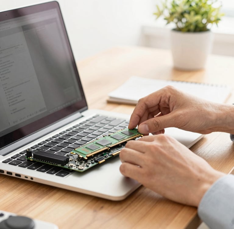 Bright natural daylight home office, a technician's hands neatly installing a RAM stick into a clean laptop motherboard on a wooden desk, close-up shot