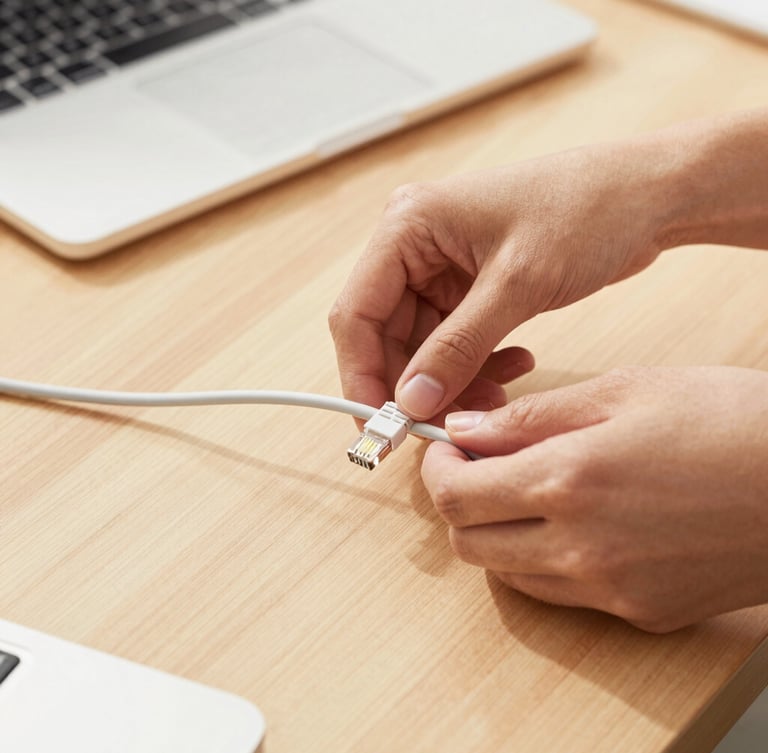 Bright editorial photography of hands neatly routing a white ethernet cable behind a modern wooden desk, warm inviting daylight, shallow depth of field