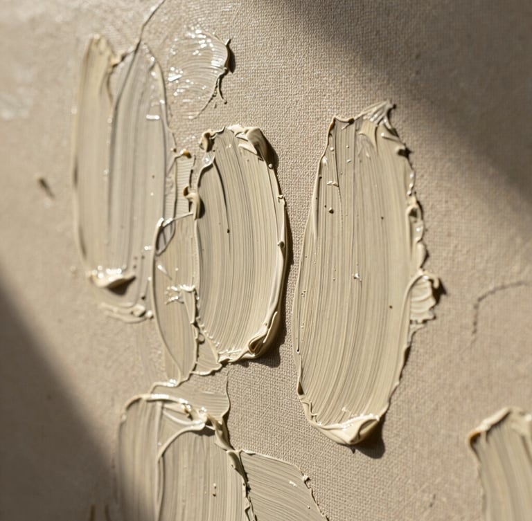 Warm editorial photography, extreme close-up of thick oil paint layers on a canvas, rich texture of brushstrokes, soft directional north-light, deep shadows, 35mm