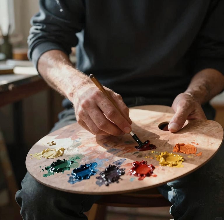 The artist in his dark-toned Paris atelier, preparing oil paints on a wooden palette smeared with rich pigments, soft natural north-facing daylight casting deep chiaroscuro shadows, classic editorial style