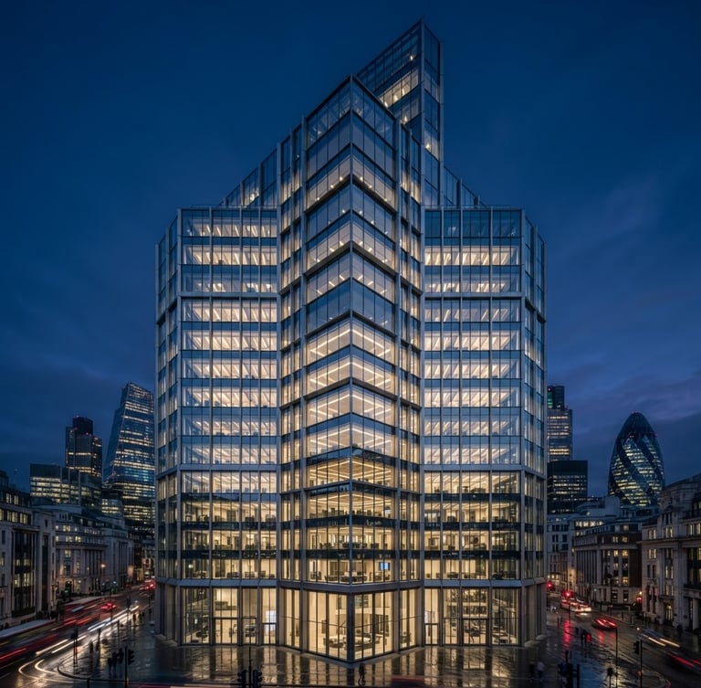 Wide-angle architectural shot of a modern financial skyscraper facade in London at blue hour, deep navy tones, sharp steel lines, soft gold window reflections, 35mm editorial corporate photography