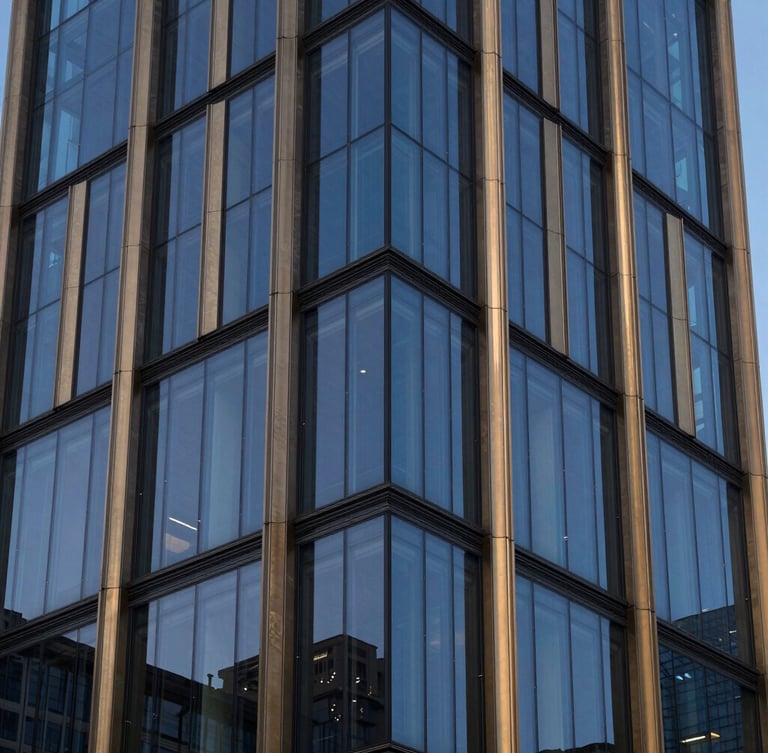 Close-up of modern financial district architectural glass facade, sharp angles, reflection of blue-hour sky, gold-tinted metallic accents, 35mm editorial corporate photography