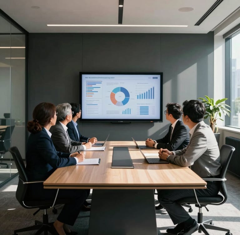 Mid-to-wide environmental shot of a modern boardroom in Mexico City, natural high-contrast daylight casting deep shadows, focused corporate leaders analyzing data on a clean screen, minimalist architectural office space.