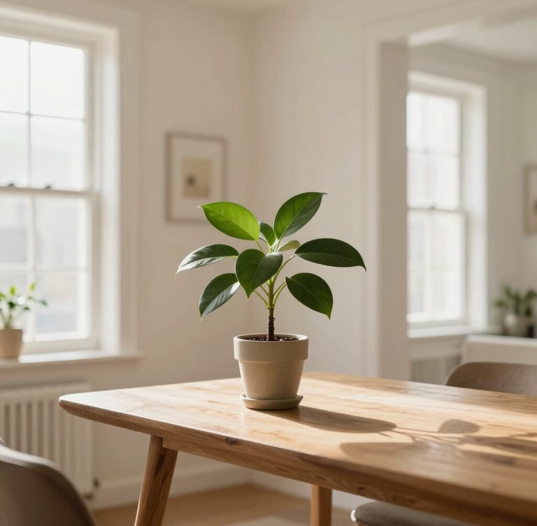 A beautiful lifestyle shot of a modern clean living room with soft daylight filtering through windows, a single plant on a wooden table, warm editorial photography