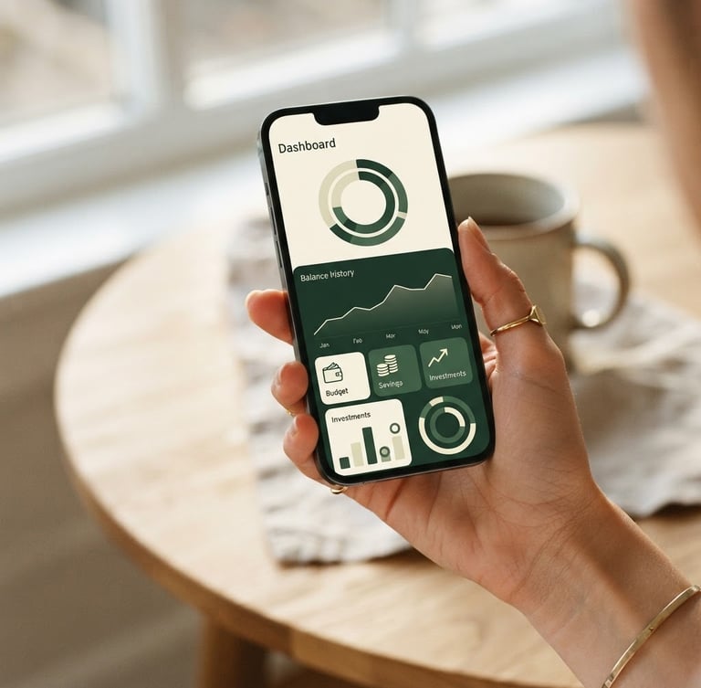 Close-up of a hand holding a smartphone showing a clean personal finance app dashboard with cream and forest green interface, soft natural daylight, 35mm