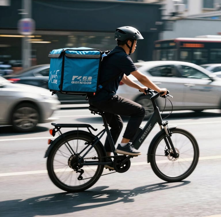 High-contrast daylight shot of a courier on an electric cargo bike weaving through city traffic, motion blur, dynamic low angle, 35mm lens