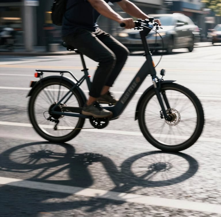 Dynamic low-angle shot of an electric cargo bike speeding through wet city streets, motion blur, high-contrast daylight with sharp shadows