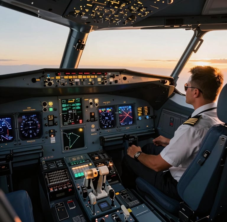 Wide environmental shot of a commercial aircraft cockpit at sunrise, warm golden-hour light reflecting off clean instrument panels, a male pilot in uniform looking out the window, deep navy shadows.