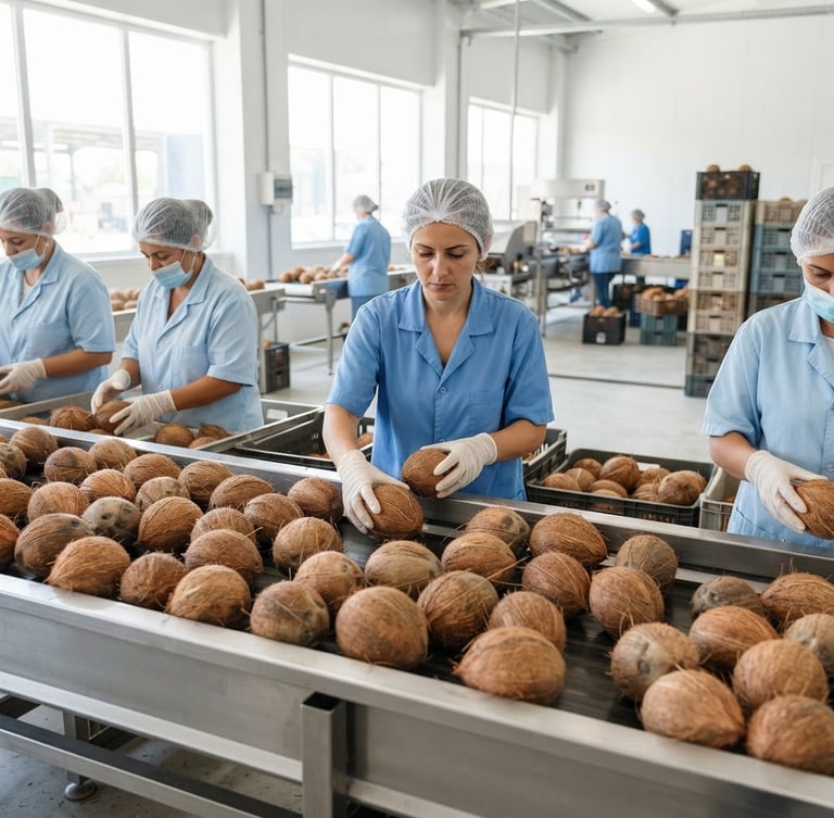 Crisp commercial product photography of freshly harvested coconuts being sorted in a bright, clean, modern processing facility, natural daylight, 50mm lens.