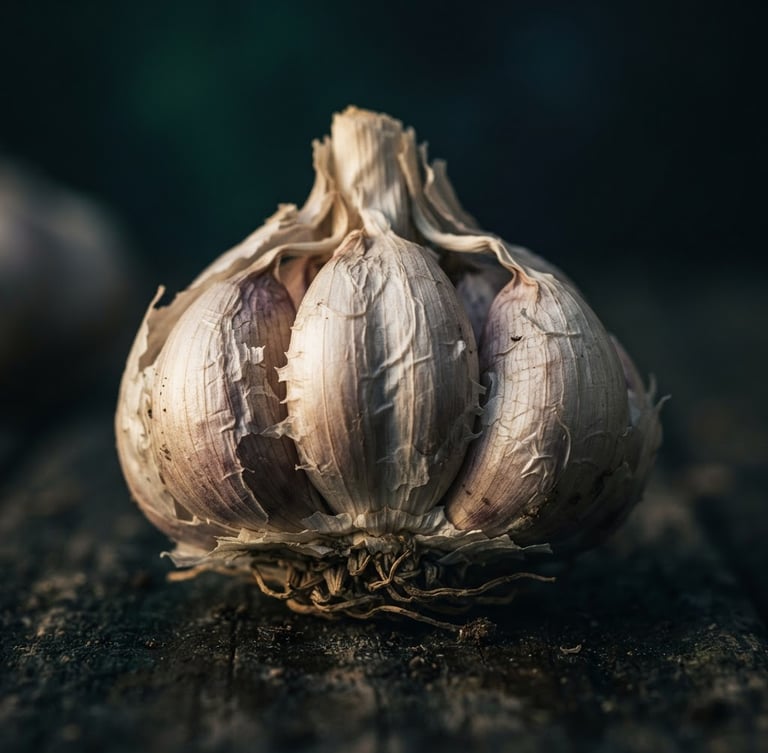 Foto makro bawang putih segar dengan pencahayaan dramatis, detail tekstur, latar belakang gelap.