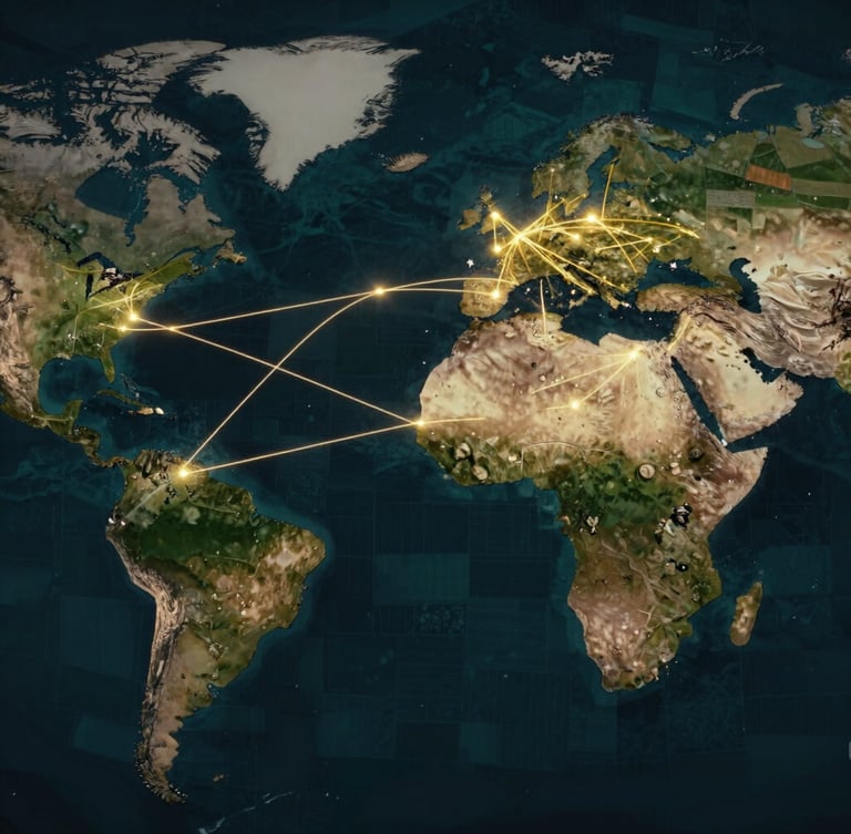 Stylized world map showing intricate trade routes, glowing lines connecting Southeast Asia to Middle East and Africa, with a subtle overlay of satellite imagery of agricultural fields at golden hour. Cinematic editorial photography, dramatic golden hour light, deep emerald and navy tones, shallow depth of field, 35mm.