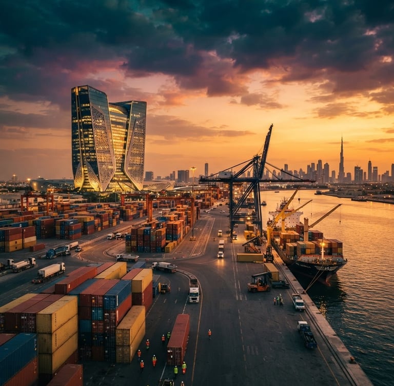Pemandangan panorama kantor pusat modern Nusantara Suffa di Dubai, dengan aktivitas perdagangan di pelabuhan Al Aweer saat matahari terbenam, kontainer kargo dan kapal, cinematic editorial photography, dramatic golden hour light, deep emerald and navy tones, shallow depth of field, 35mm