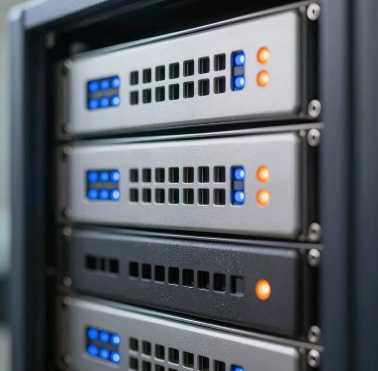 Extreme close-up macro shot of a clean, high-precision server rack with blue and orange status indicator lights, clinical daylight-balanced lighting, sharp shadows.