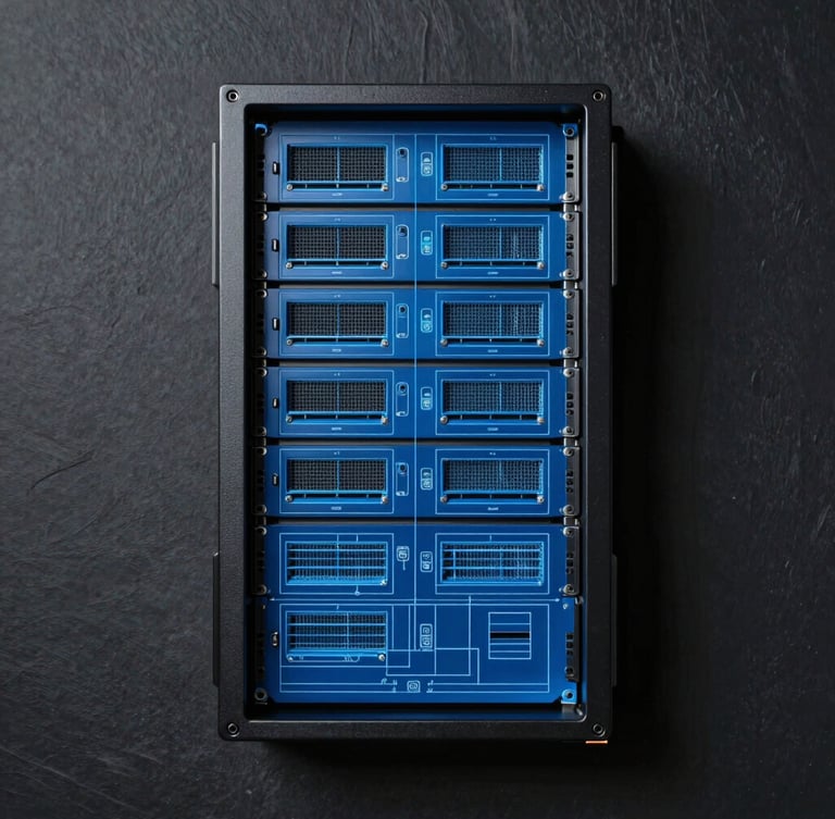 Symmetrical technical blueprint schematic of a server rack, cool clinical blue lines on a dark slate background, sharp shadows.