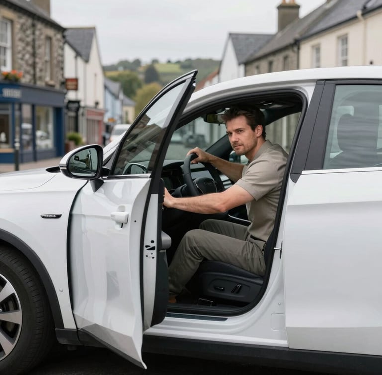 A professional driver in smart-casual attire opening the passenger door of a clean modern sedan, soft overcast daylight, natural Welsh town street background, realistic automotive photography.