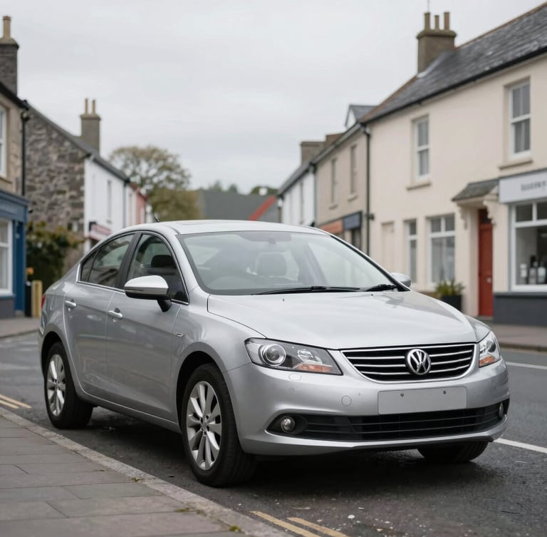 A clean silver multi-purpose sedan parked on a quiet Welsh town street, soft overcast daylight, realistic automotive photography, 35mm lens