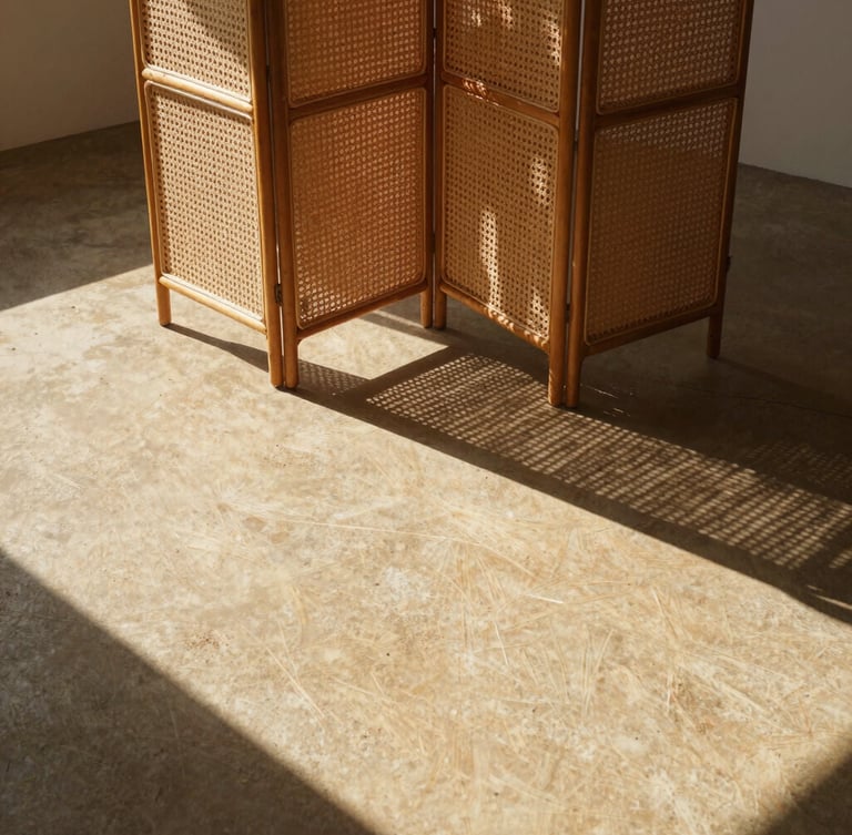 Wide-angle architectural editorial shot of a rattan folding room divider casting high-contrast geometric shadows on a warm sandy concrete floor, harsh direct sunlight, 35mm lens.