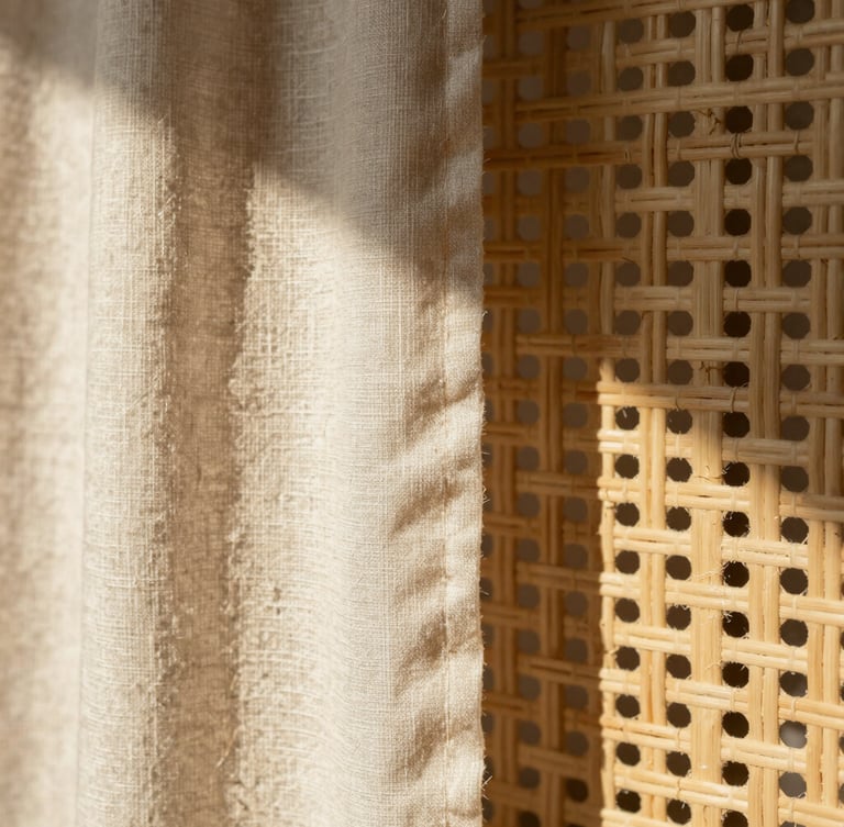 Macro shot of raw unbleached linen texture beside a hand-woven rattan screen, dramatic morning light casting high-contrast shadows, warm sandy-beige tones, 35mm lens