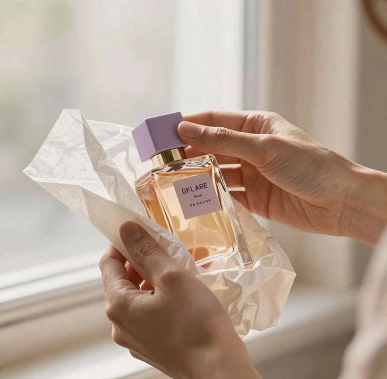 Elegant hands carefully unboxing a premium perfume bottle wrapped in delicate tissue paper, warm diffused window light