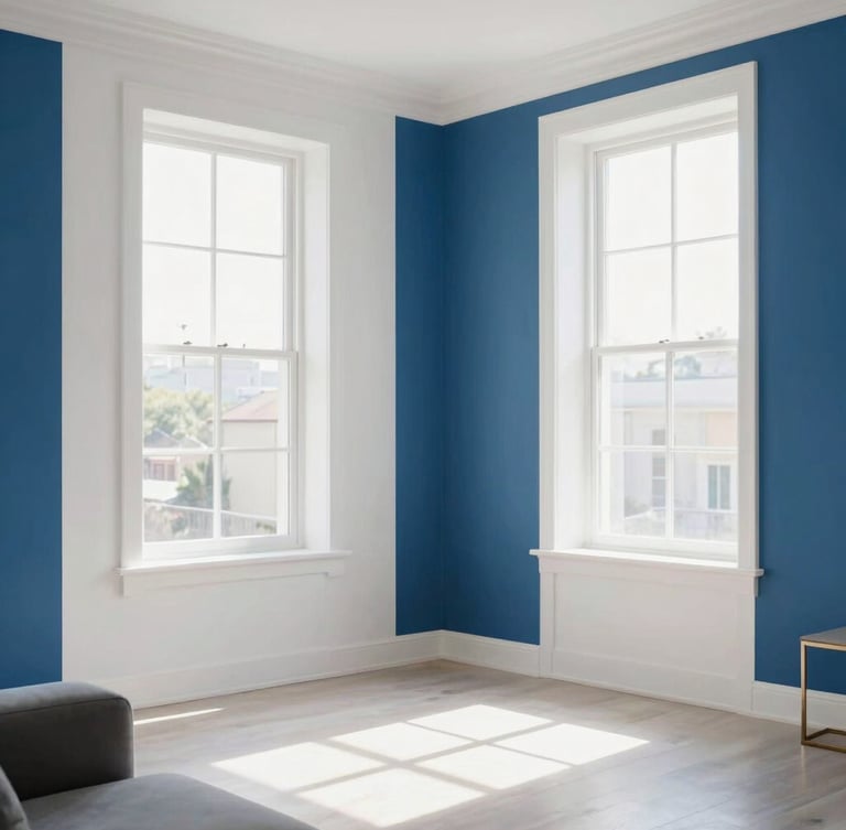 Sun-drenched, immaculate modern living room interior, bright natural morning daylight streaming through windows, crisp white walls and deep blue accents, 35mm.