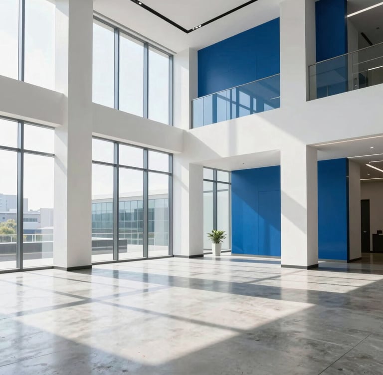 Sun-drenched modern commercial office lobby with gleaming concrete floors, natural morning light streaming through high windows, crisp clean whites and deep blues, sharp focus, 35mm