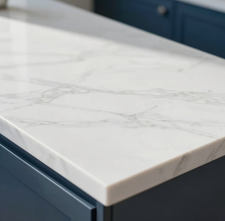 Macro close-up of a gleaming white marble kitchen countertop, pristine and spotless, natural morning daylight casting soft shadows, sharp focus, 35mm