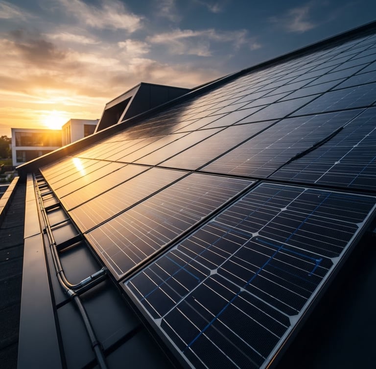 Low-angle heroic shot of premium monocrystalline silicon solar cells on a sleek dark architectural roof, golden-hour reflections on glass, deep obsidian shadows, electric blue accents, 35mm