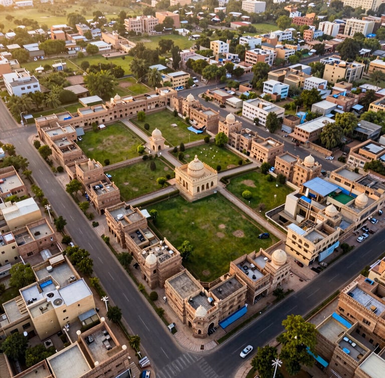 High-resolution drone photography of structured residential land plots in Jaipur at golden hour, showing clean road demarcations and surrounding green landscape, architectural wide-angle lens