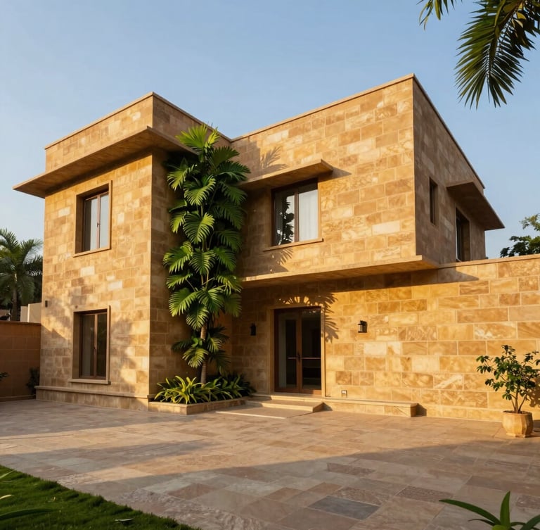 Wide-angle architectural elevation of a modern Jaipur villa, warm sandstone walls, crisp golden-hour sunlight casting long shadows, rich emerald foliage accents.