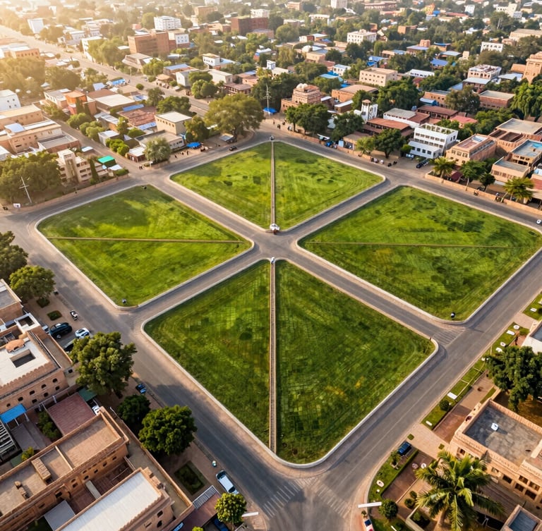 High-resolution drone photography of structured, JDA-approved land plots in Jaipur, clean geometric boundaries, bright midday sun highlighting access roads and surrounding green landscape.