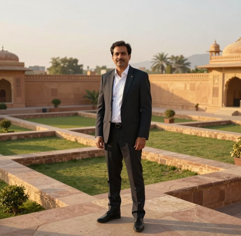 Crisp professional environmental portrait of a real estate advisor standing on a structured land plot in Jaipur, golden-hour light