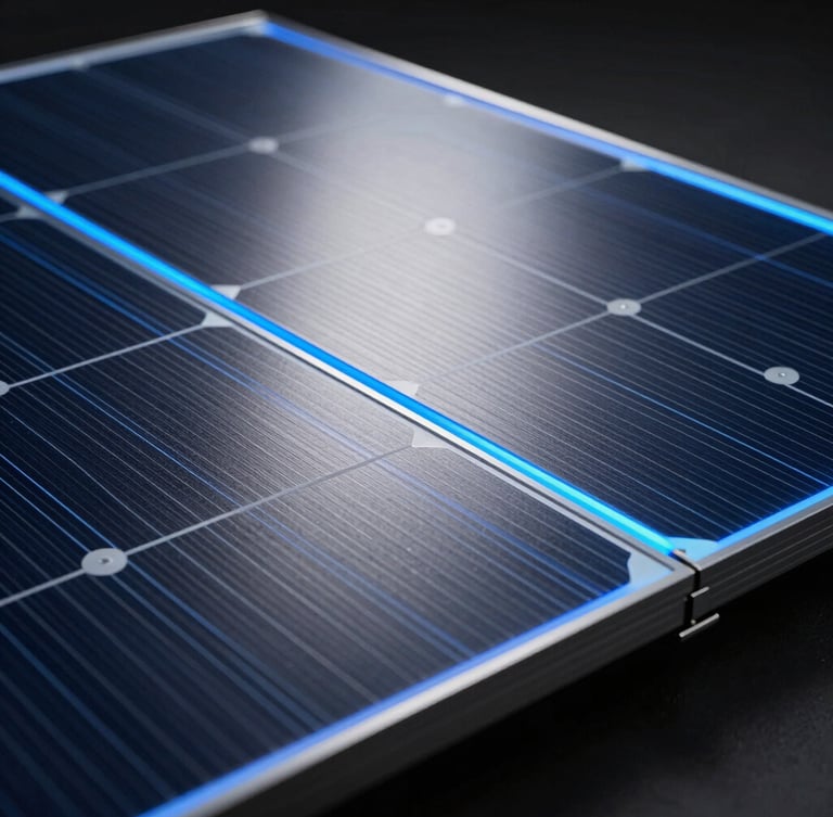 Crisp macro shot of a premium monocrystalline solar panel, dark textured metallic surface, electric blue rim lighting, 85mm lens