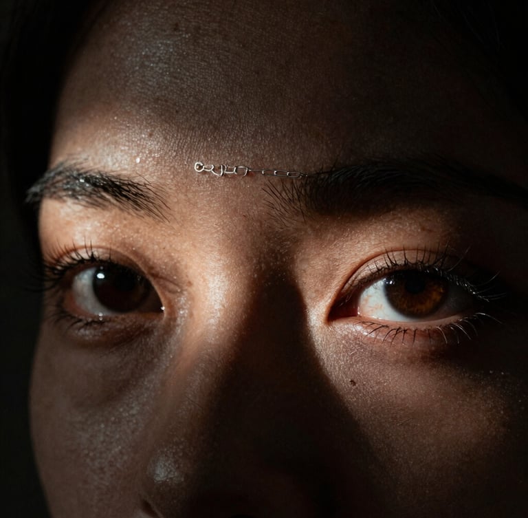Extreme close-up of MoonJX17's eyes in low-light chiaroscuro, harsh key light reflecting off a silver chain, gritty analog grain.