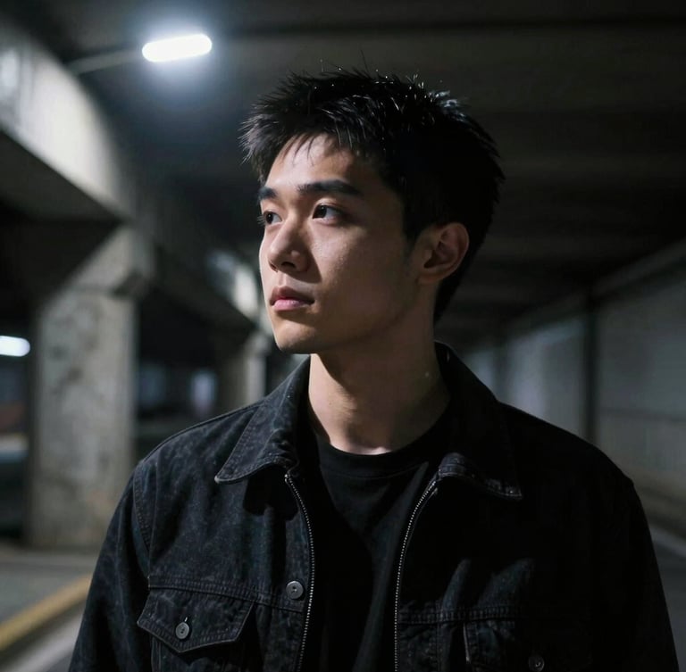 High-contrast chiaroscuro portrait of MoonJX17 in low light, harsh streetlamp glow hitting the side of his face, concrete underpass background, cinematic 16:9 crop.