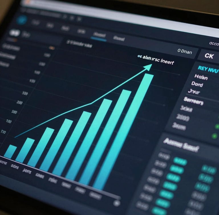 Close-up of a dark mode analytics dashboard showing upward-trending bar charts and neon-cyan conversion metrics, high-contrast studio lighting