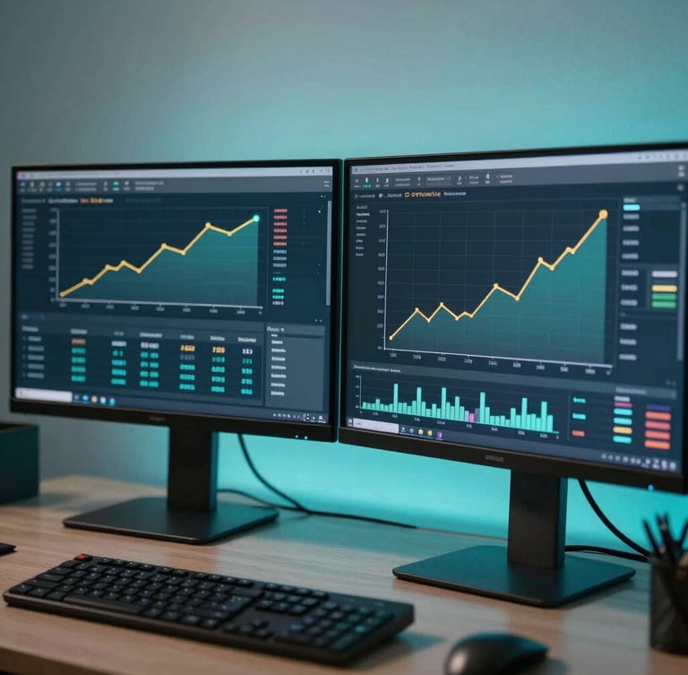 Close-up of a modern workspace in Dubai at night, dual monitors showing real-time analytics dashboards with upward trends, soft cyan backlight.