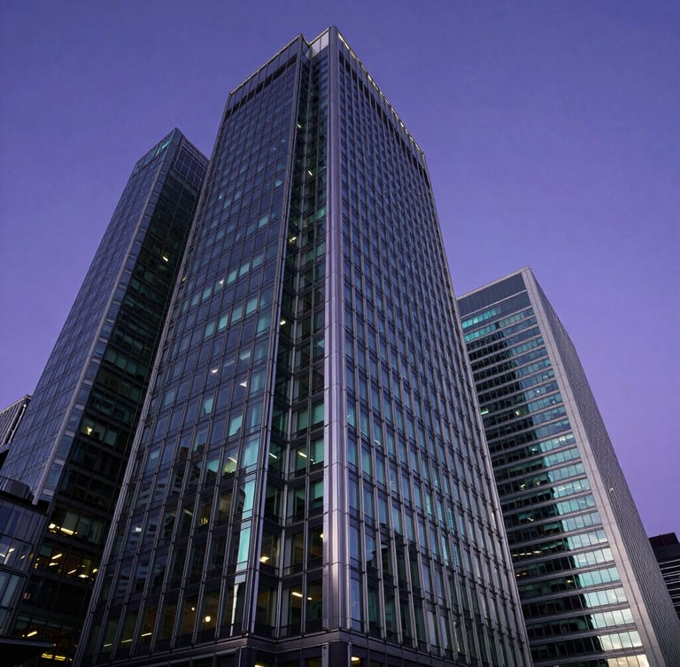 Dynamic low-angle architectural shot of London Canary Wharf skyscrapers reflecting deep violet and cyan twilight sky.