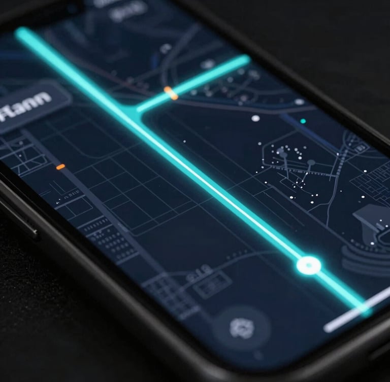 Macro shot of a sleek dark-mode mobile driver interface showing real-time GPS routes, high-contrast neon reflections, glowing electric cyan telemetry lines on a dark city grid.
