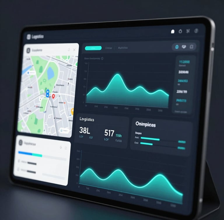Sleek dark-mode logistics dashboard interface with glowing electric cyan telemetry graphs, real-time map overlays, and modern data visualization widgets