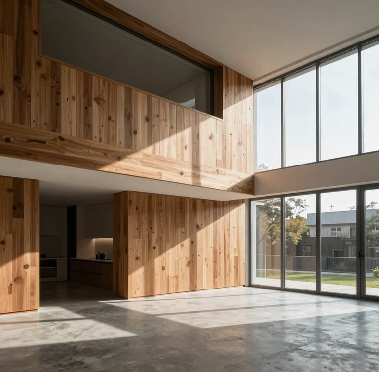 Interior of a modernist condo featuring clean horizontal lines, original timber detailing, concrete floor, and large windows with natural directional daylight