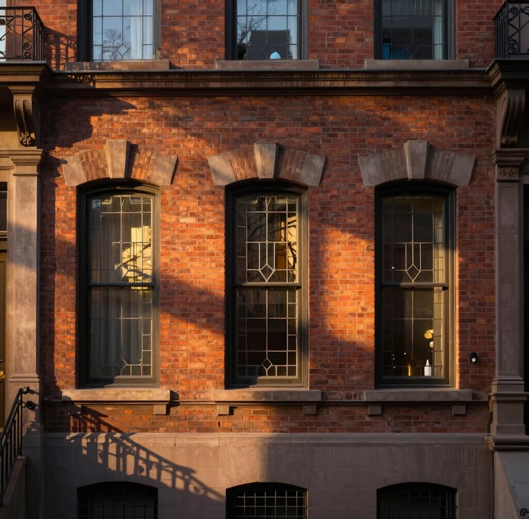 Straight-on architectural elevation of a historic brick brownstone facade at golden hour, warm light reflecting off original leaded glass windows, deep shadows.