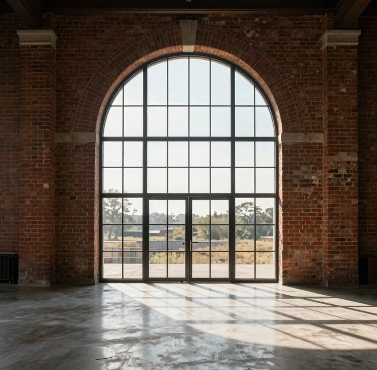 Straight-on architectural elevation of a massive arched timber-framed window in a restored brick mill, afternoon sunlight casting long shadows on polished concrete floors, minimalist interior.