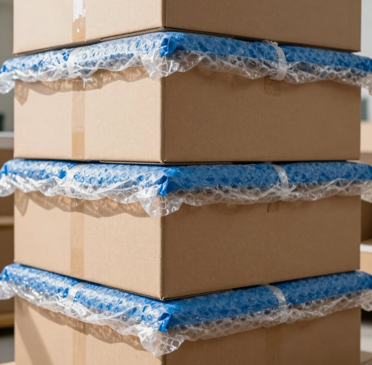 Close-up editorial photography of thick double-walled moving boxes neatly stacked, with heavy-duty bubble wrap and custom blue furniture blankets visible, warm natural daylight, sharp focus.