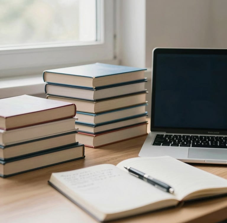 A quiet, organized academic workspace with stacks of books, a closed laptop, and a notebook with handwritten notes under soft window light.