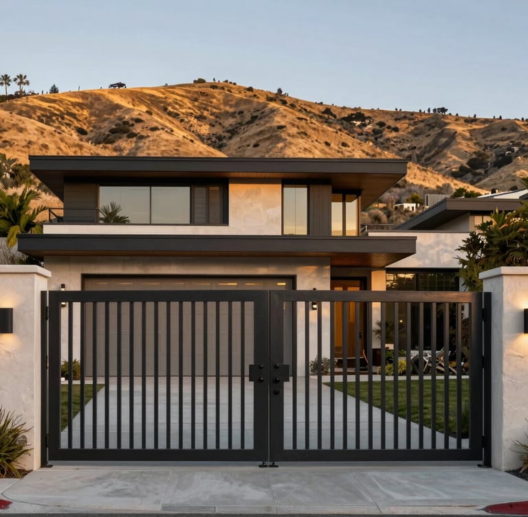 Wide architectural elevation of a modern dark steel estate gate set against the dry golden hills of Los Angeles, sharp dusk lighting emphasizing clean geometric lines