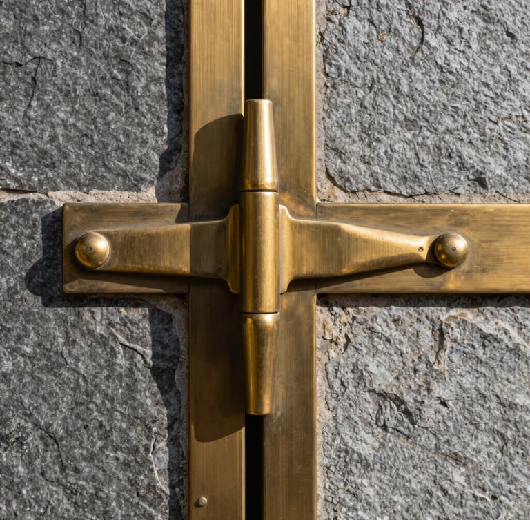 Macro architectural elevation of a heavy-duty brushed brass estate gate hinge, sharp geometric lines, crisp LA afternoon light casting long shadows across slate stone.